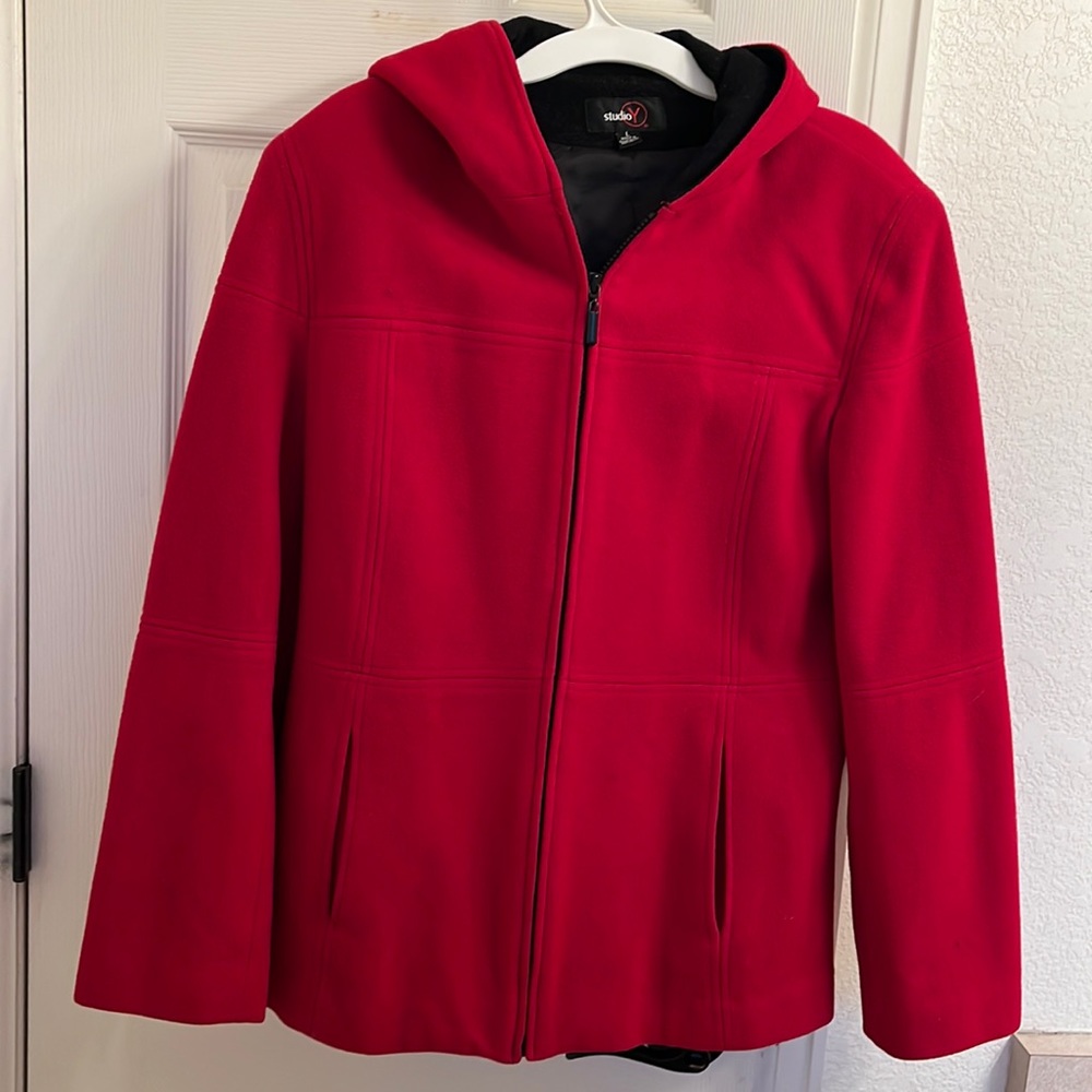 Studio Y Red wool coat with hood.